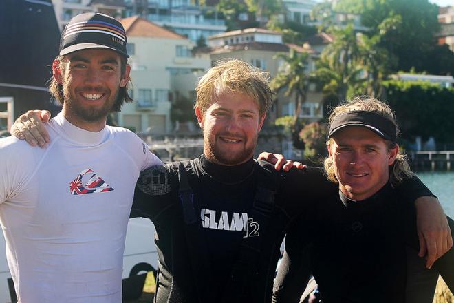 The winning team, from left, Tim Westwood, Daniel Barnett, Kirk Mitchell ©  Frank Quealey / Australian 18 Footers League